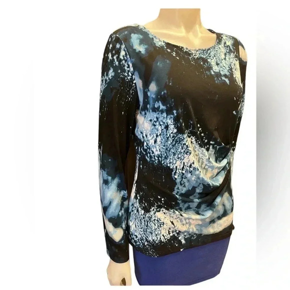 Calvin Klein Long Sleeve Wrap Style Top With Buckle Blue White Size Medium - Picture 2 of 10